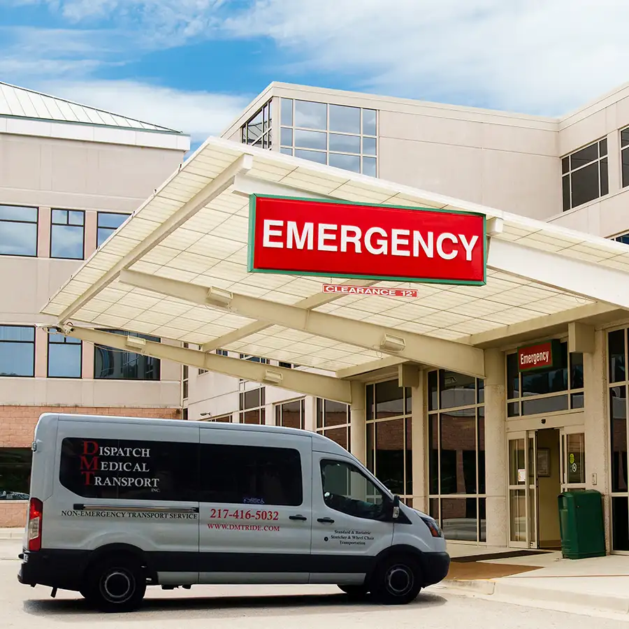 Dispatch Medical Transport, Inc. - DMT vehicle parked outside Emergency Room, ER pick-ups and drop-offs - Springfield, IL