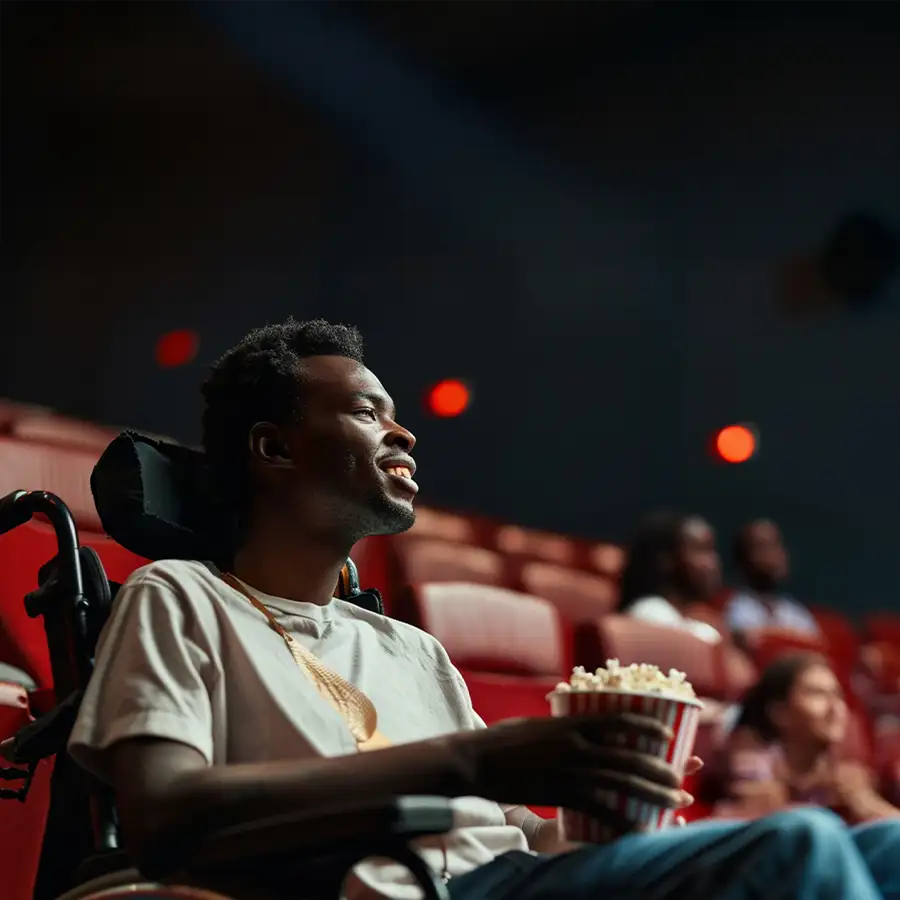 Dispatch Medical Transport, Inc. - disabled young man enjoying himself at the movies - Springfield, IL